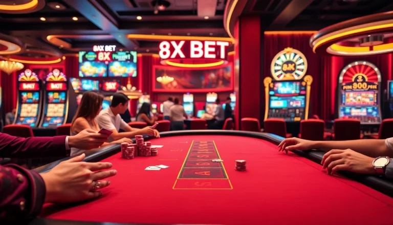Experience the thrill of 8X BET at an elegant casino table, where players engage in strategic games of chance.