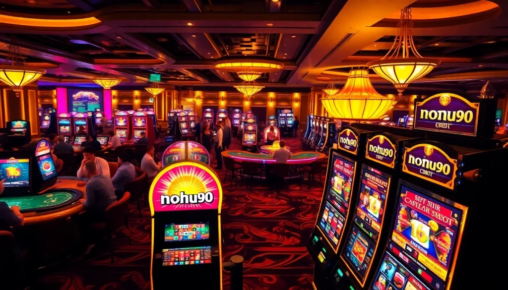 Nohu90 showcases an exciting casino floor with players at tables and colorful slots, highlighting the thrill of gambling.
