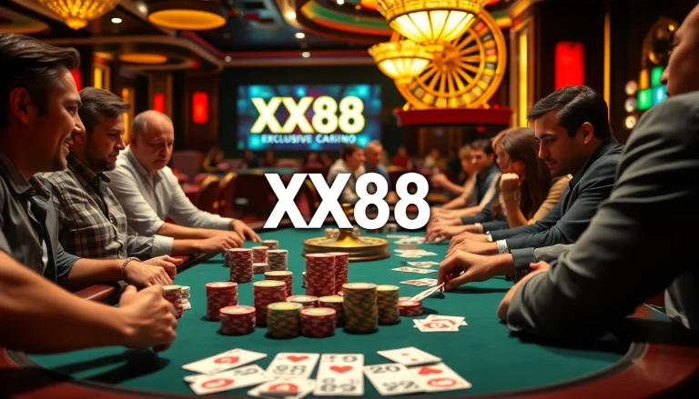 Enthusiastic players at a poker table during a thrilling moment at XX88 Casino.