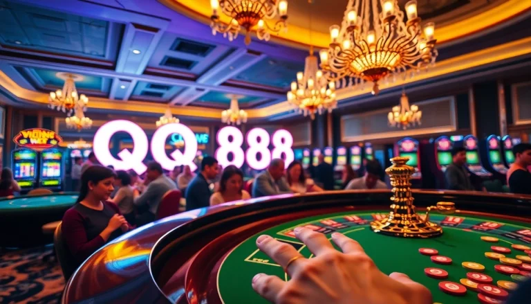 Experience the thrill of gambling at QQ888 with players engaging at roulette tables, colorful chips, and vibrant slot machines.